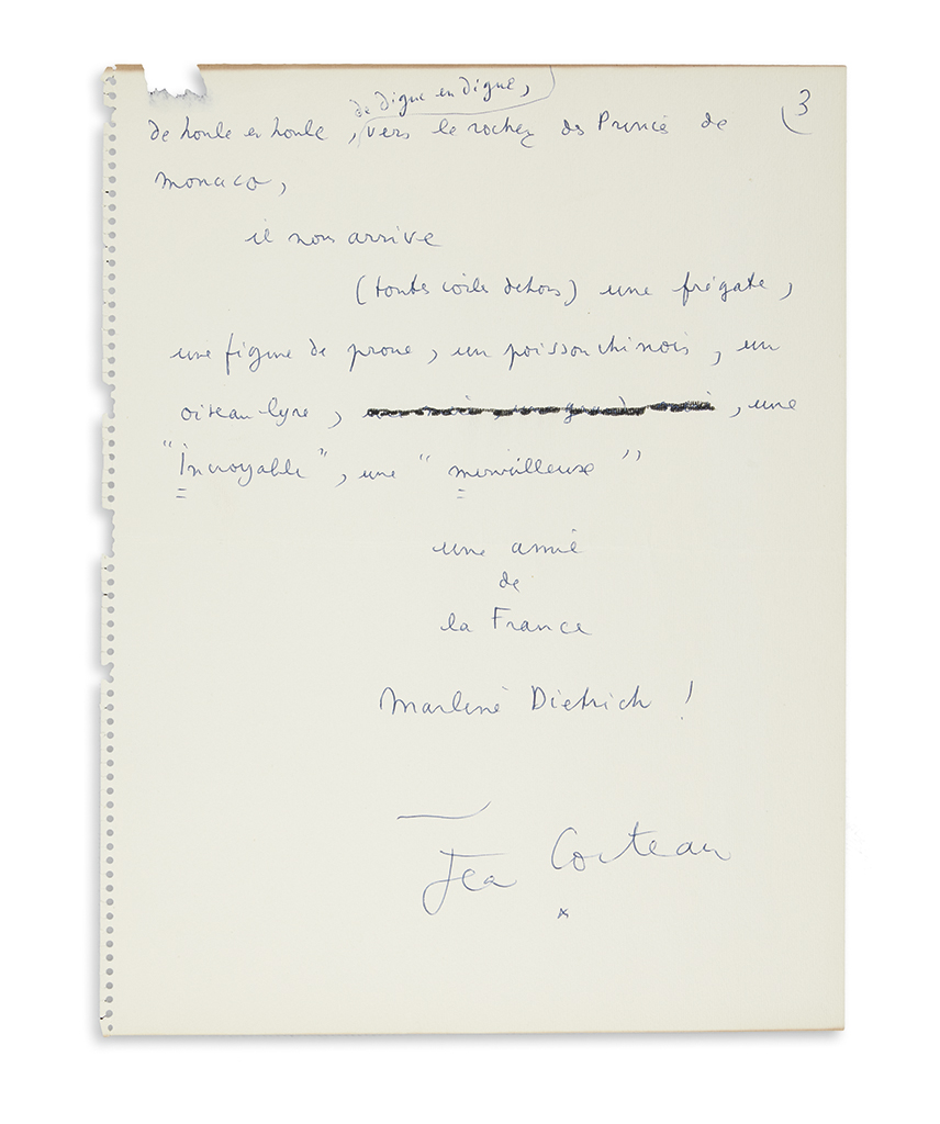 COCTEAU, JEAN. Autograph Manuscript Signed, working draft of his poem, “Tribute of Jean Cocteau to Marlene Dietrich,” in French,